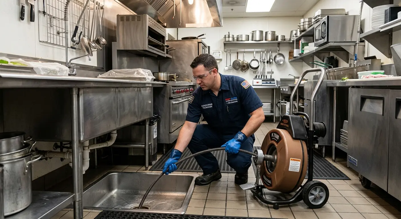 Commercial drain cleaning service in a restaurant kitchen in Lisbon