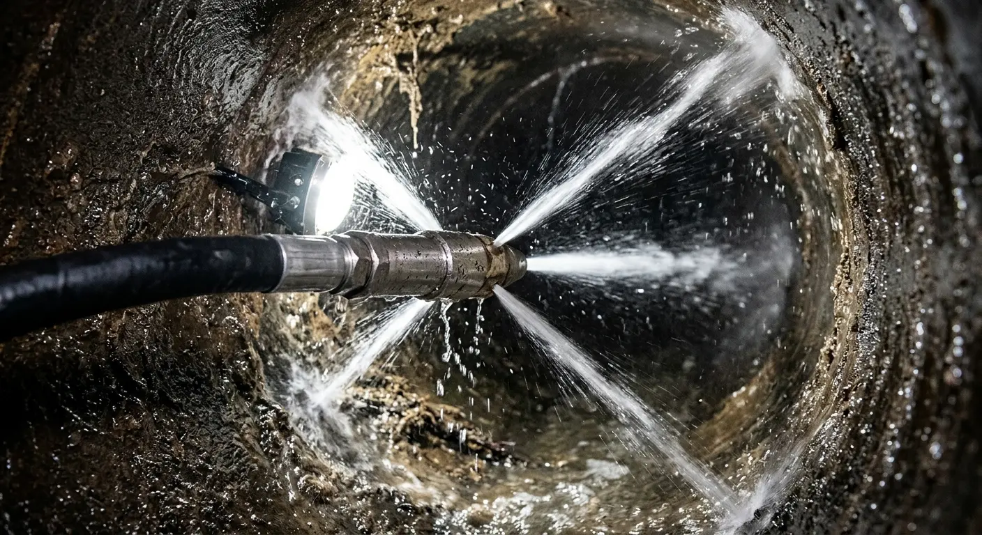 High-pressure hydro jetting nozzle cleaning sewer pipe for Sewer Cleanout in Lisbon