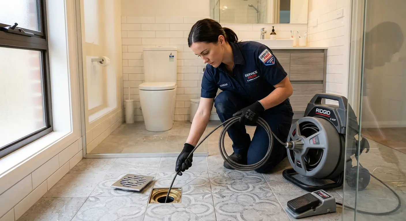 Technician clearing a bathroom floor drain for Sewer Line Replacement in Lisbon